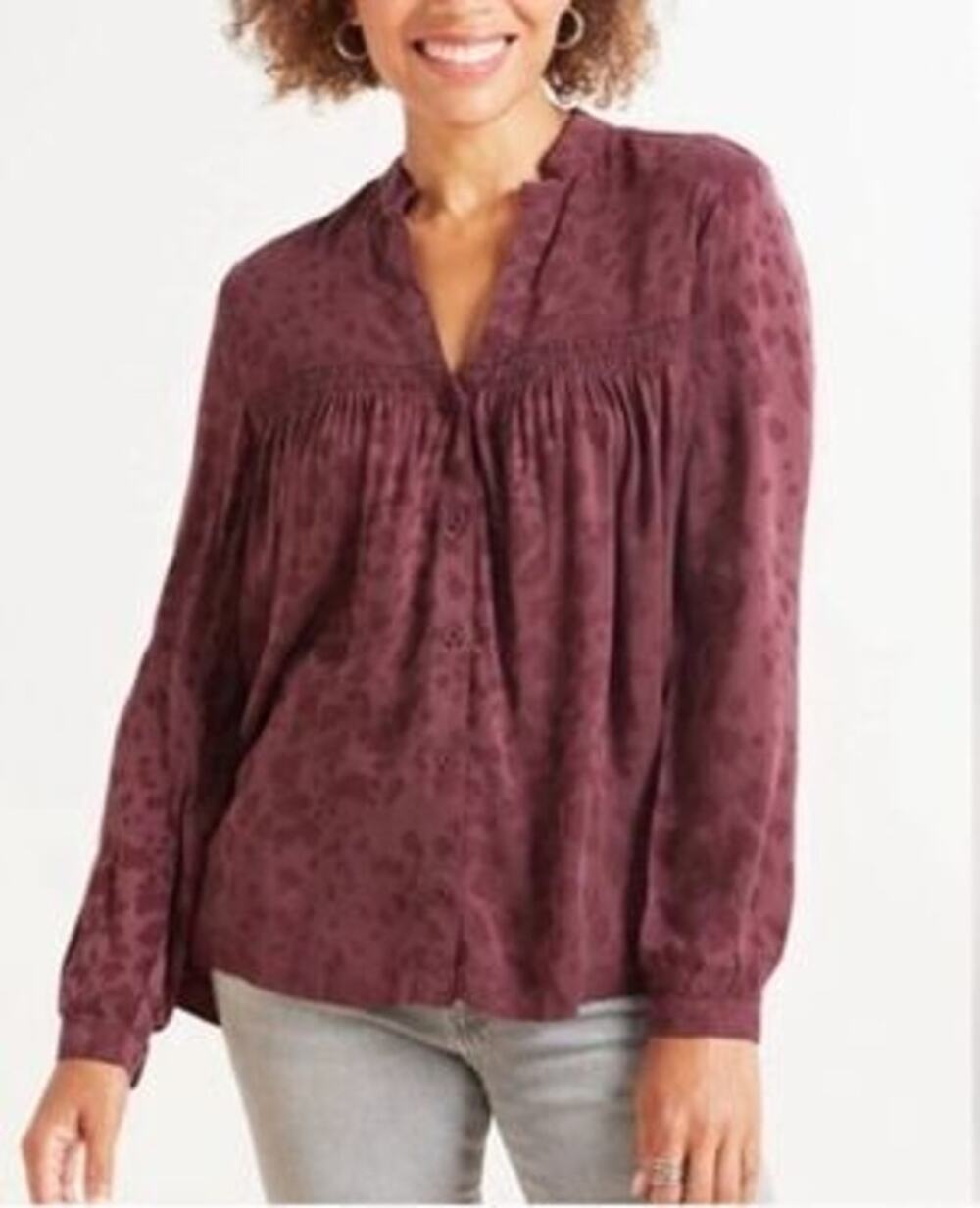 Cloth & Stone Burgundy Leopard Print Smocked Button Front Blouse